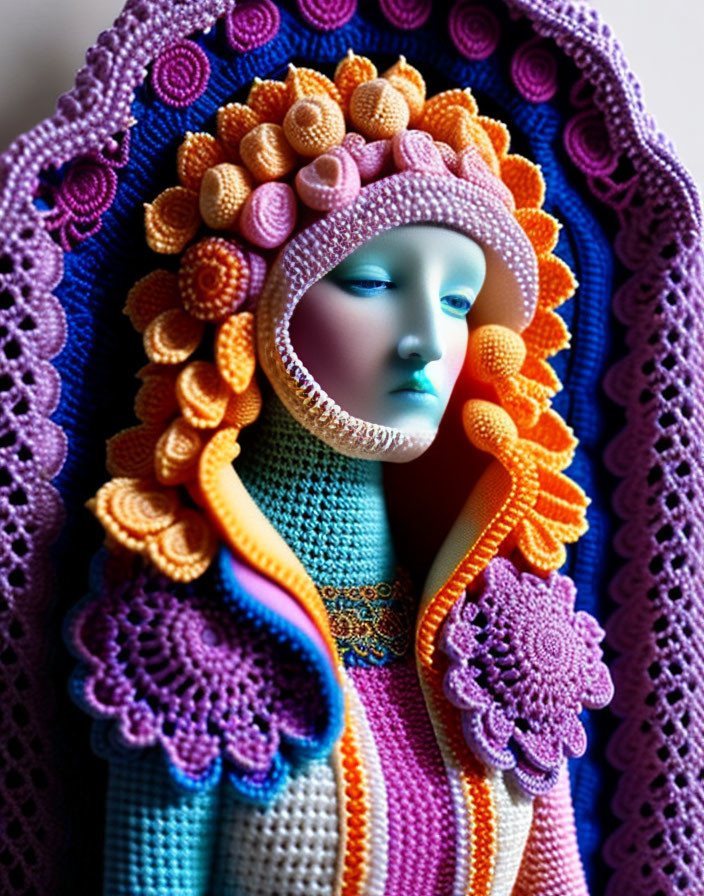 Colorful Crocheted Headdress on Mannequin Head Display