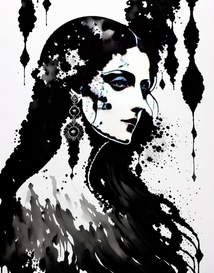 Monochrome illustration of elegant woman with flowing hair and jewelry.