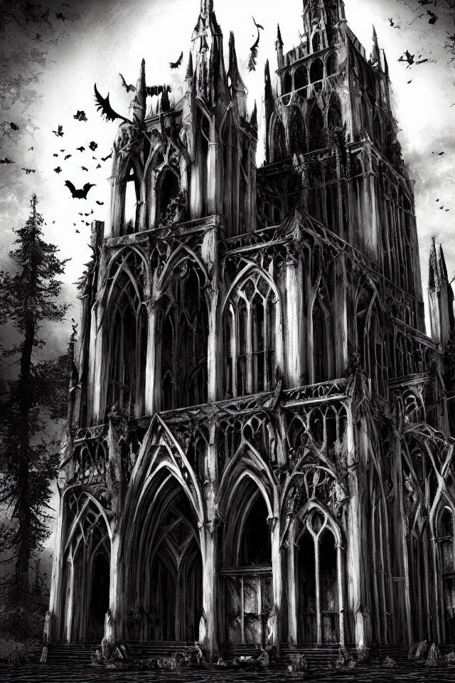 Gothic Style Cathedral Surrounded by Bare Trees and Flying Birds