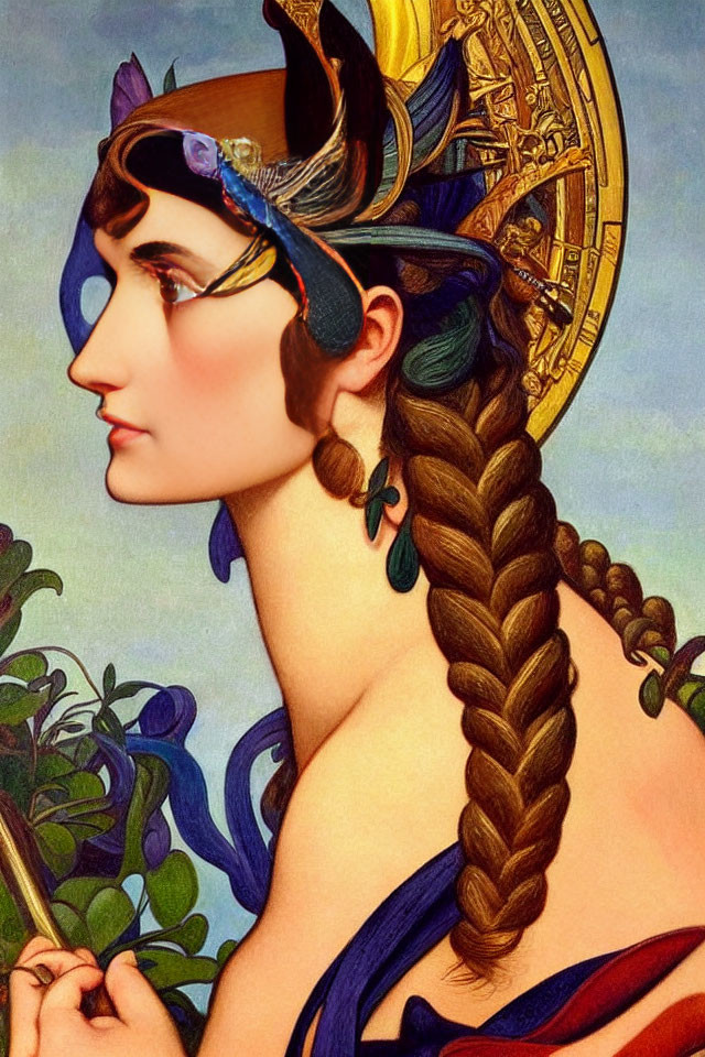 Art Nouveau style profile portrait of a woman with braided hair and decorative helmet.