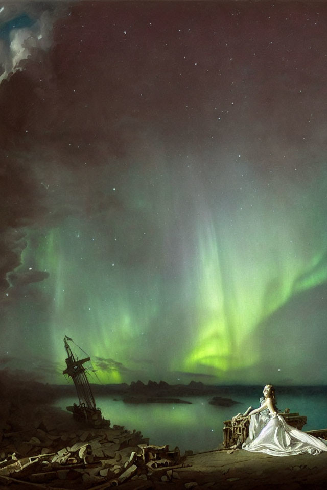 Person in white dress gazes at aurora with shipwreck on shore