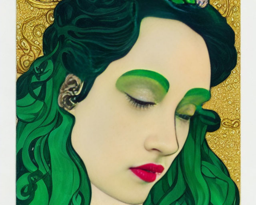 Stylized portrait of woman with green hair and makeup on textured gold background