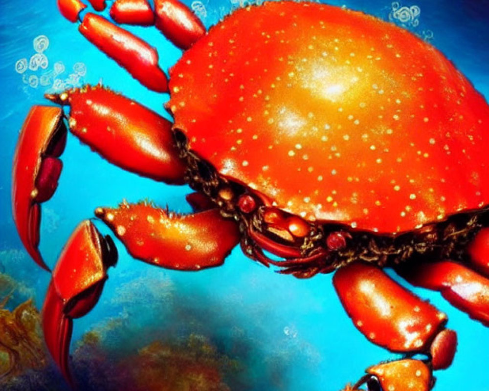 Colorful underwater scene with red crab, bubbles, coral, and gradient water