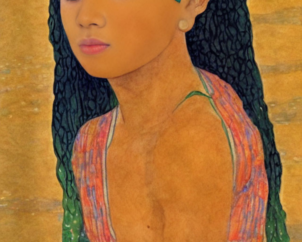 Stylized portrait with long wavy hair and green headband on golden backdrop