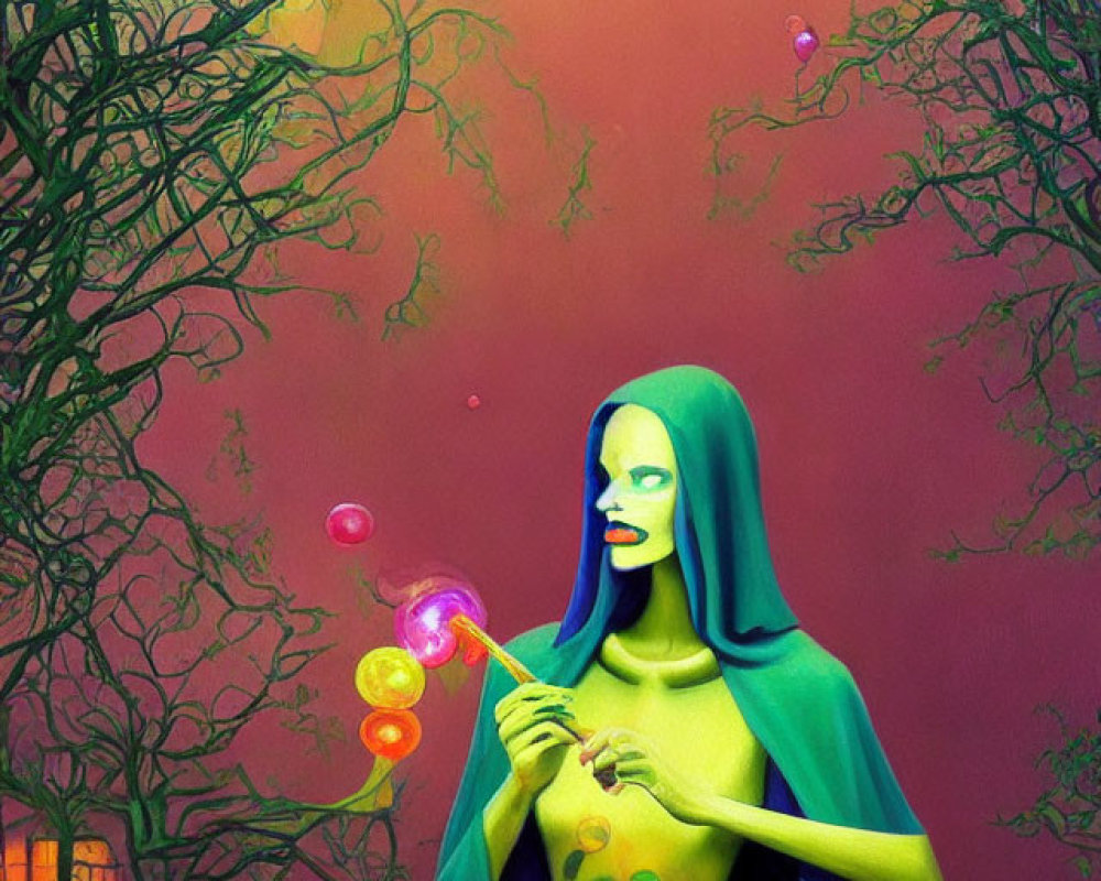 Fantastical image of hooded figure blowing bubbles in colorful, eerie forest