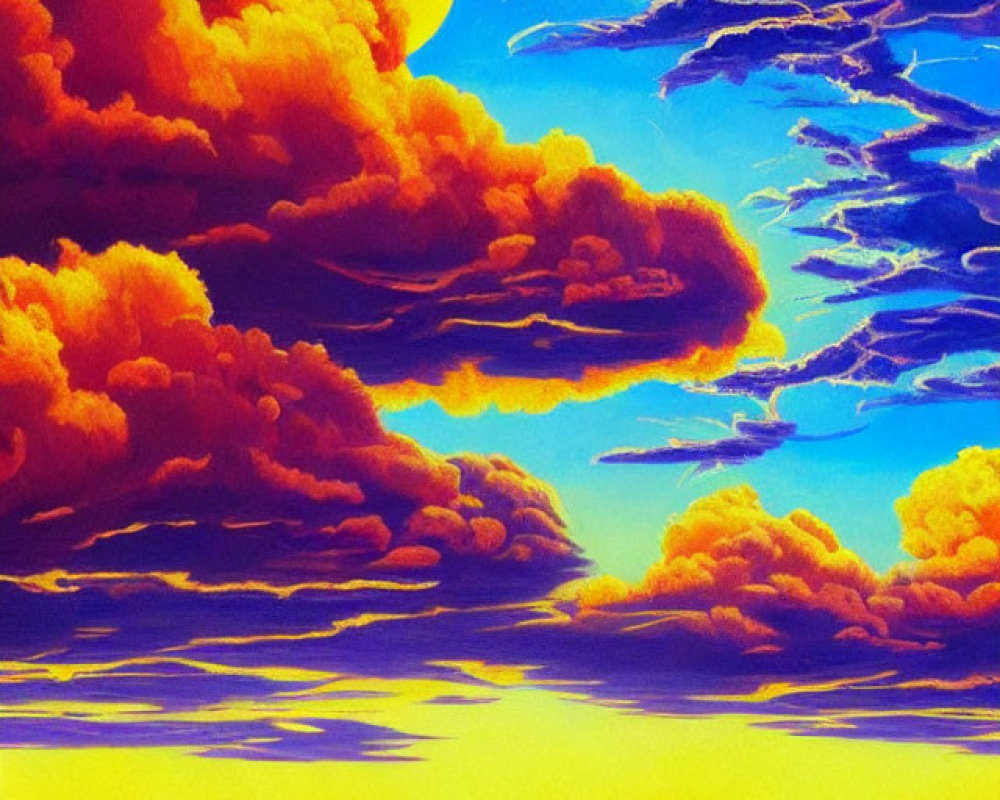 Vibrant surreal sky with orange clouds and blue-violet lightning