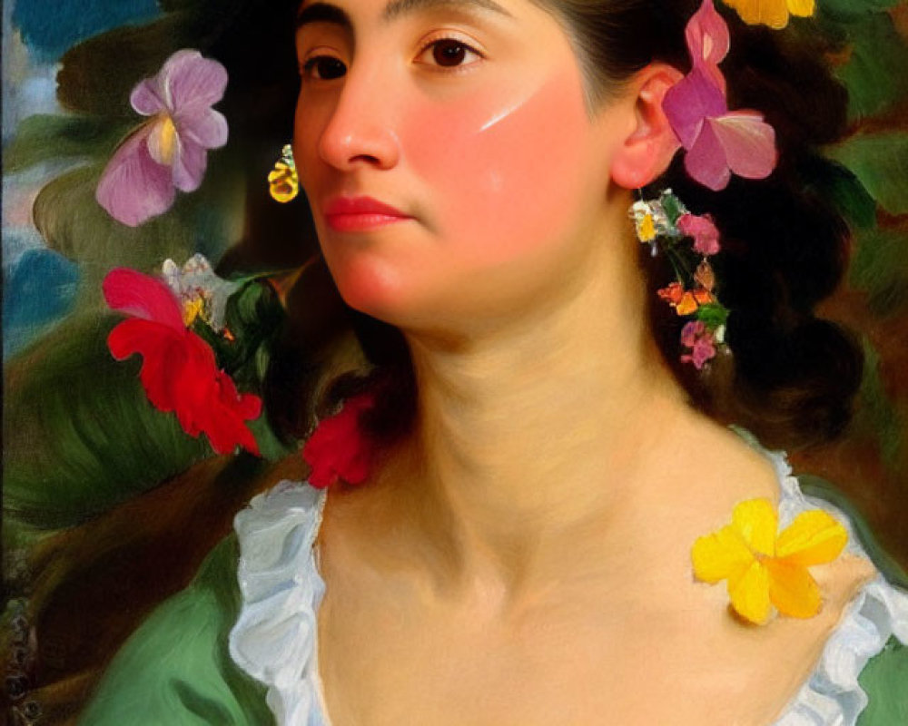 Woman with Flowered Hair and Earrings in Nature Setting