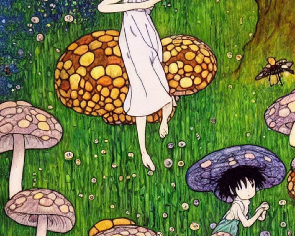 Vibrant forest scene with characters and oversized mushrooms