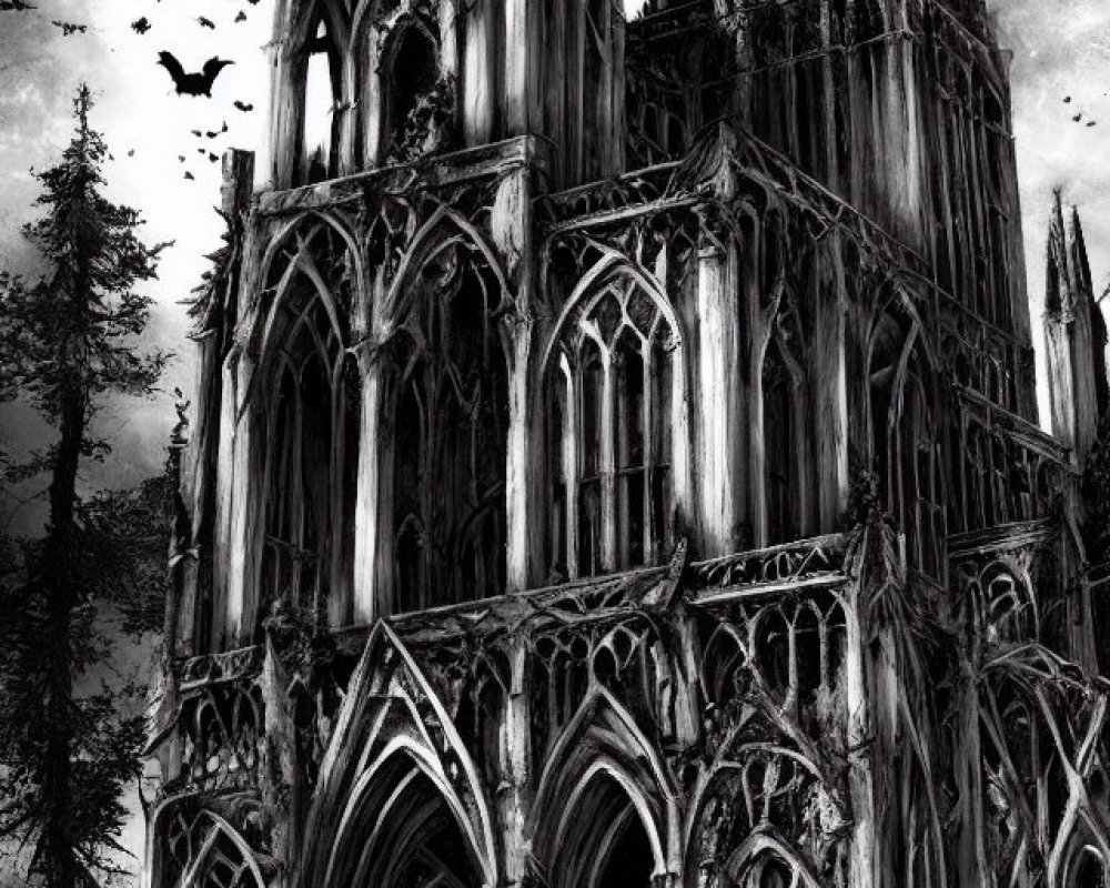 Gothic Style Cathedral Surrounded by Bare Trees and Flying Birds