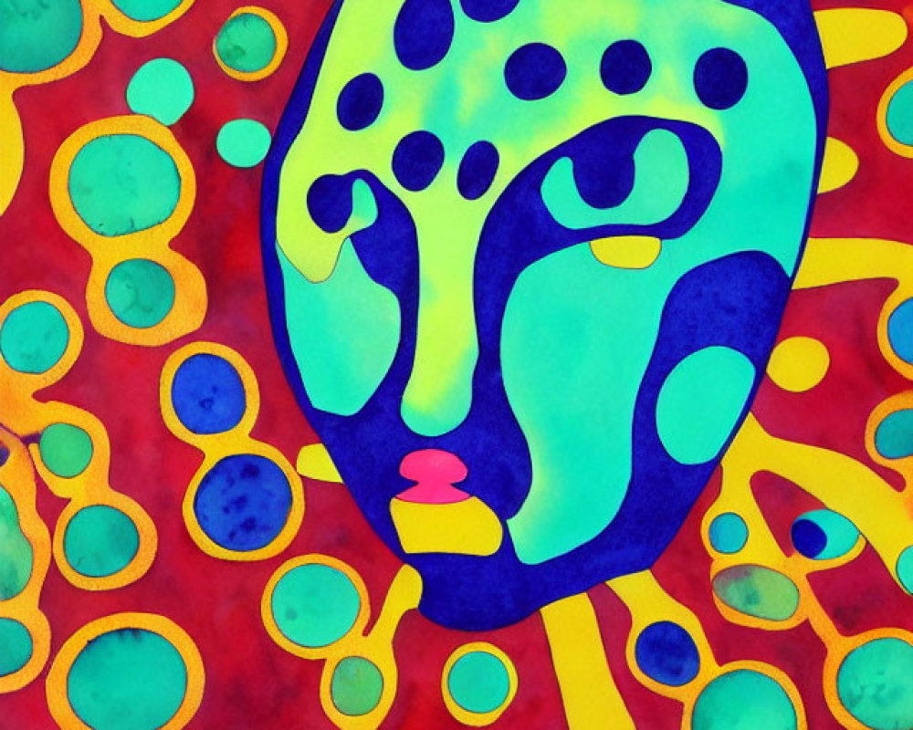 Vibrant abstract painting: blue face with sun rays, green, yellow, red dots