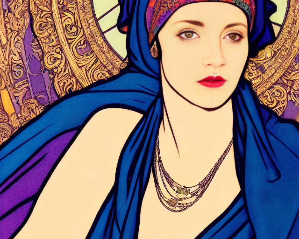 Art Nouveau Style Illustration of Woman with Colorful Headscarf and Ornate Circular Backdrop