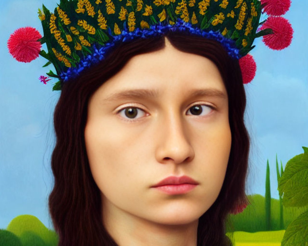 Surreal portrait of person with flower crown and integrated landscape