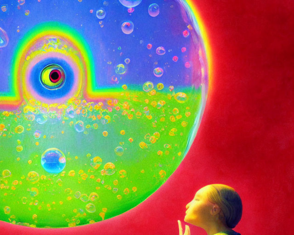 Child mesmerized by colorful bubble portal on red background