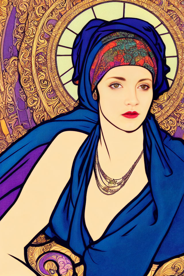 Art Nouveau Style Illustration of Woman with Colorful Headscarf and Ornate Circular Backdrop