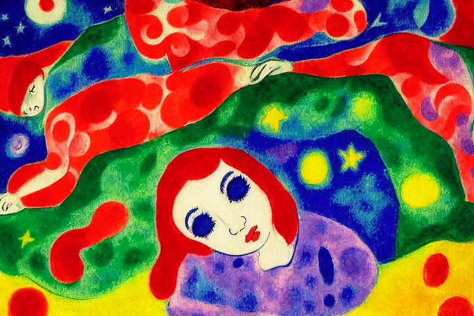 Vibrant Abstract Painting with Red-Haired Female Figure