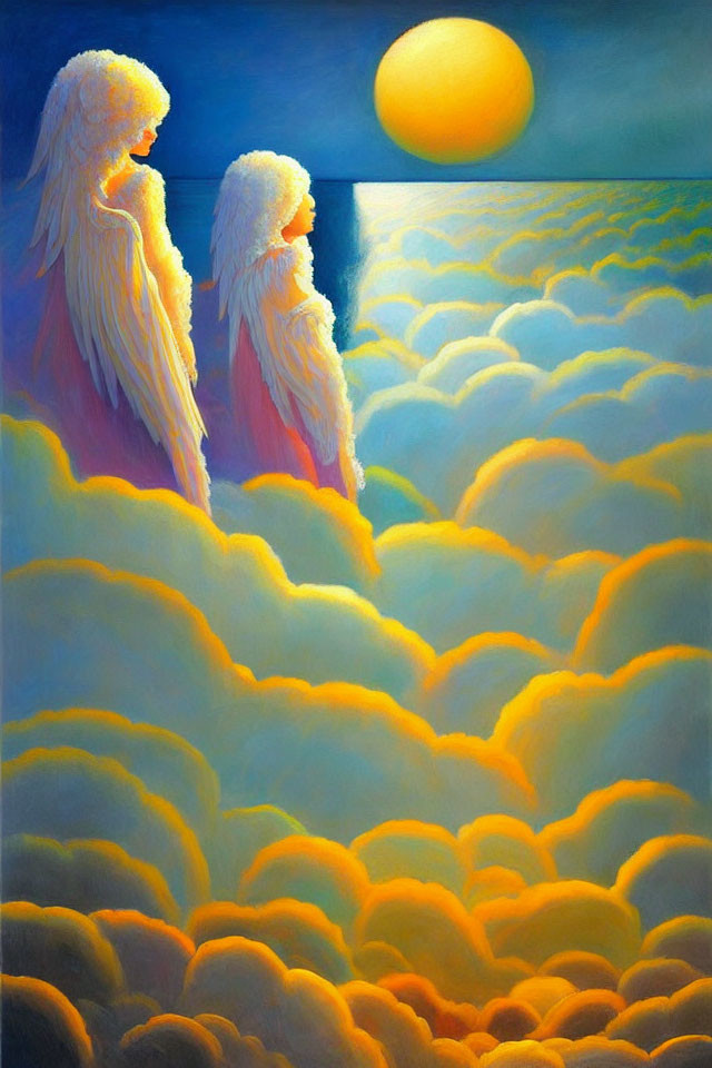 Golden-winged angelic figures on fluffy clouds under a bright sun