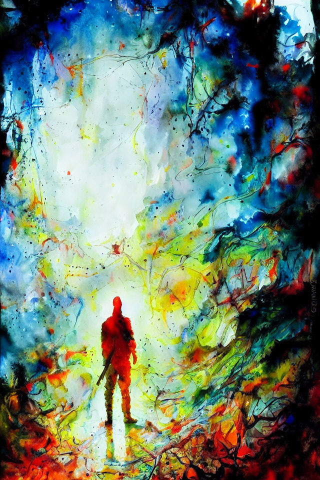 Colorful Watercolor Painting of Solitary Figure in Red Amid Abstract Chaos