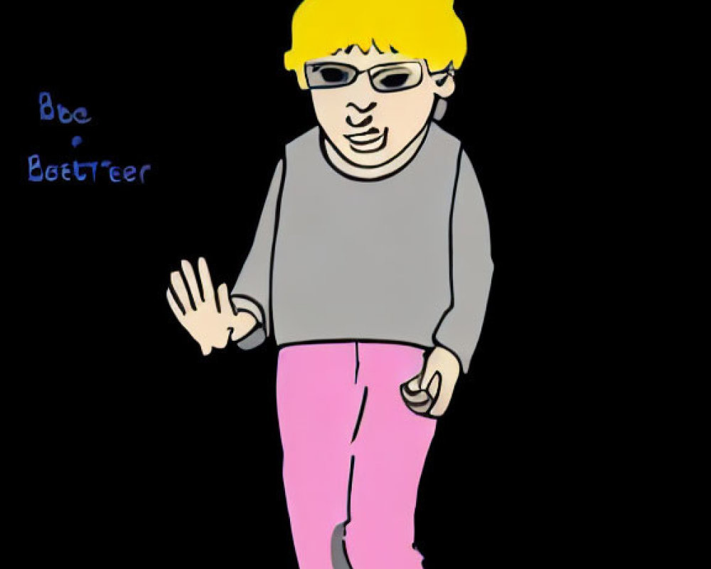 Cartoon character with yellow hair and glasses in grey top and pink pants on black background.