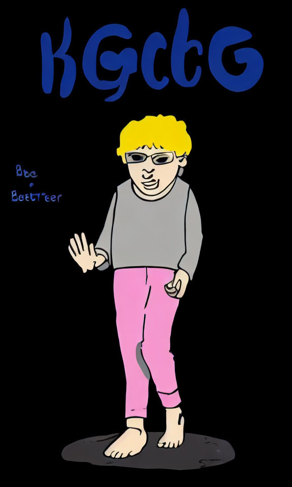 Cartoon character with yellow hair and glasses in grey top and pink pants on black background.