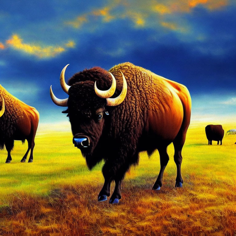 Bison grazing on grassy plain under dramatic sky