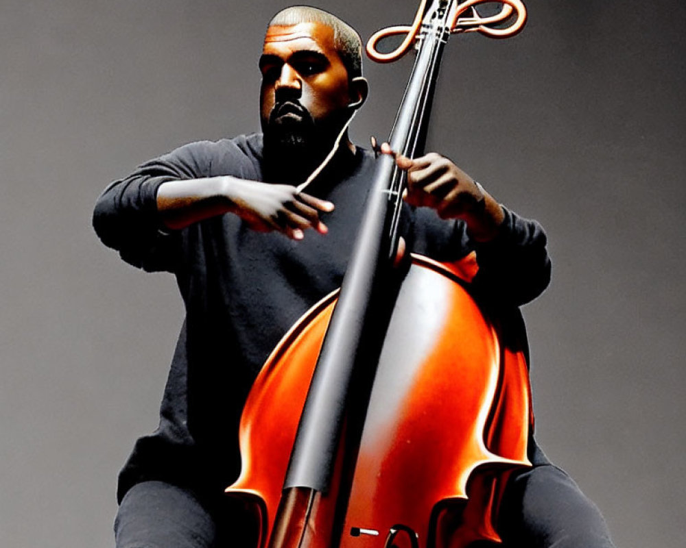 Intense person playing large orange cello on grey background