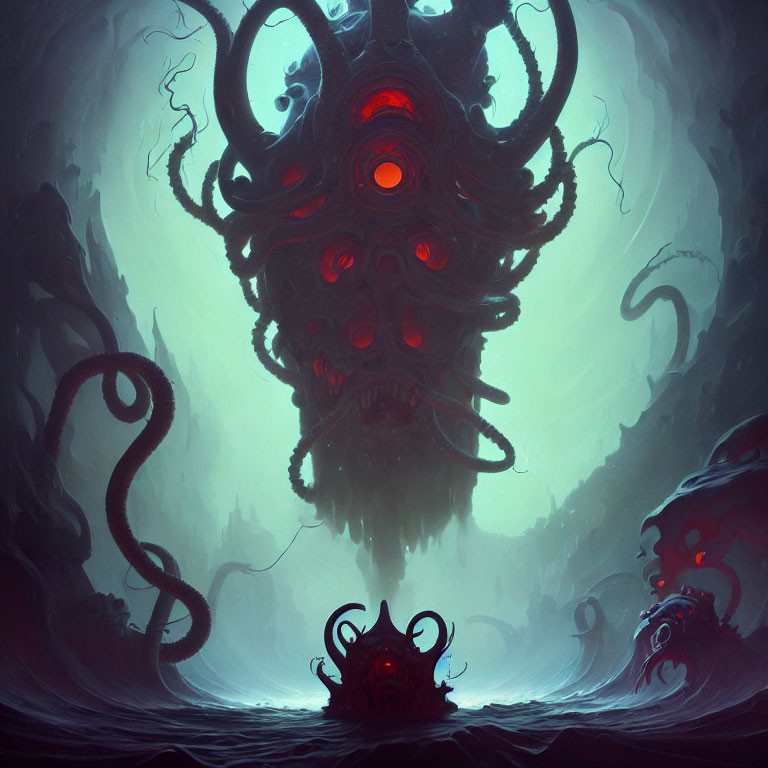 Illustration of giant, monstrous entity with red eyes and tentacles in dark setting