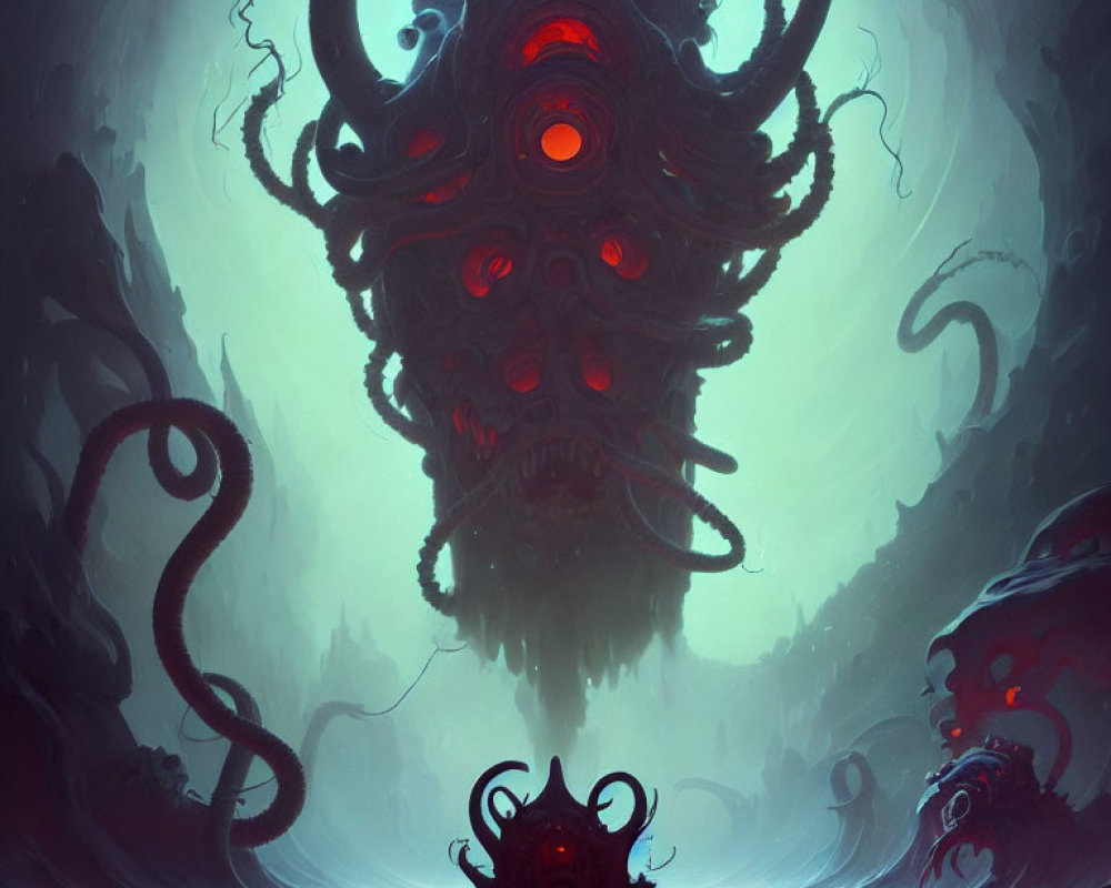 Illustration of giant, monstrous entity with red eyes and tentacles in dark setting