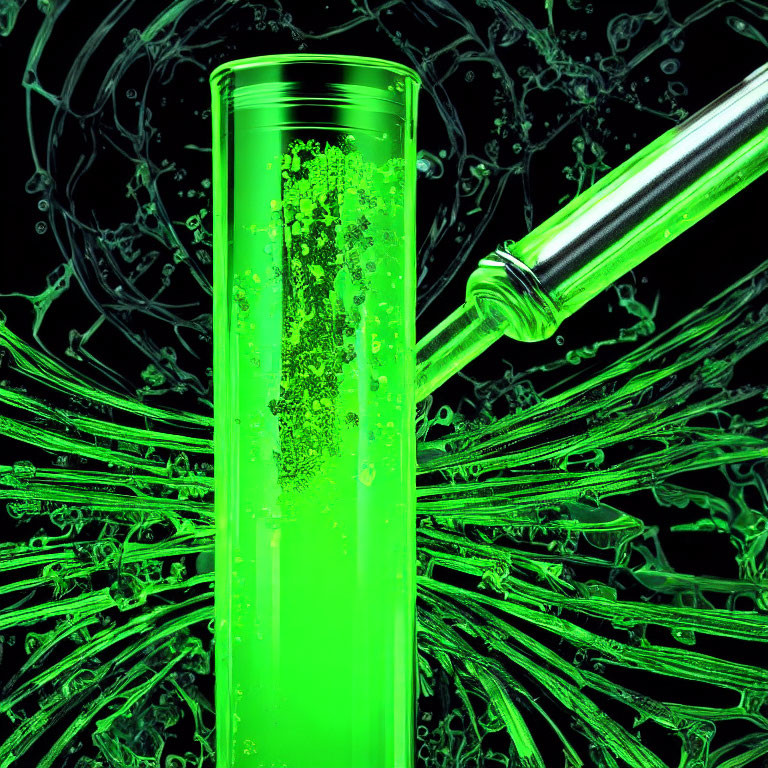 Green liquid poured into test tube against dark background with effervescent reaction.