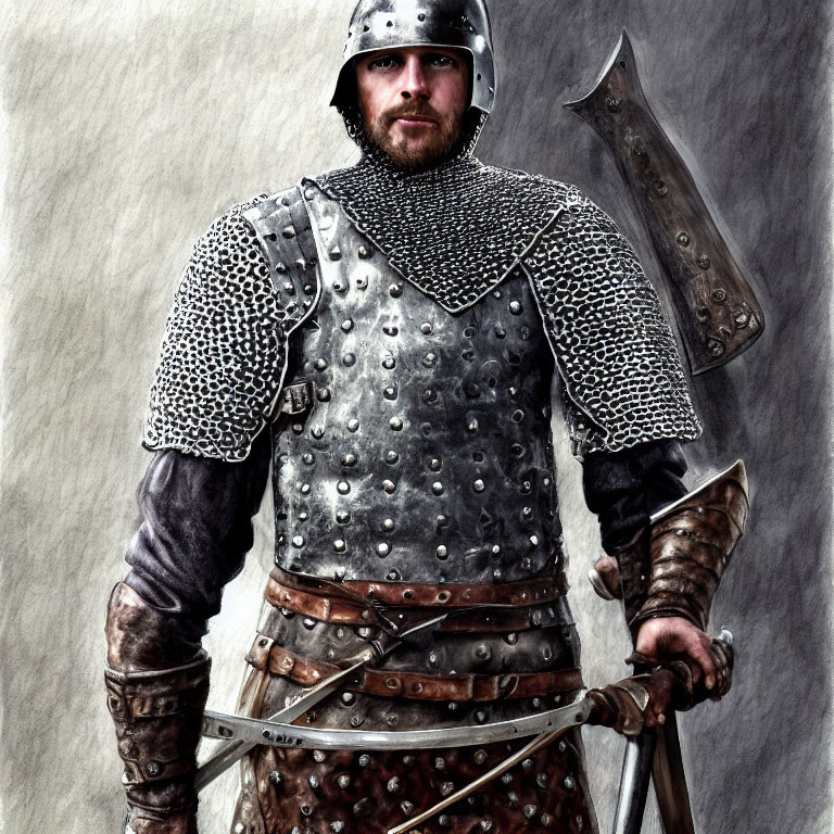 Medieval armored man holding sword and axe with determined expression