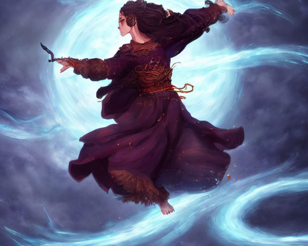 Floating mystical woman in flowing garments and hair with cosmic energy vortex and wand