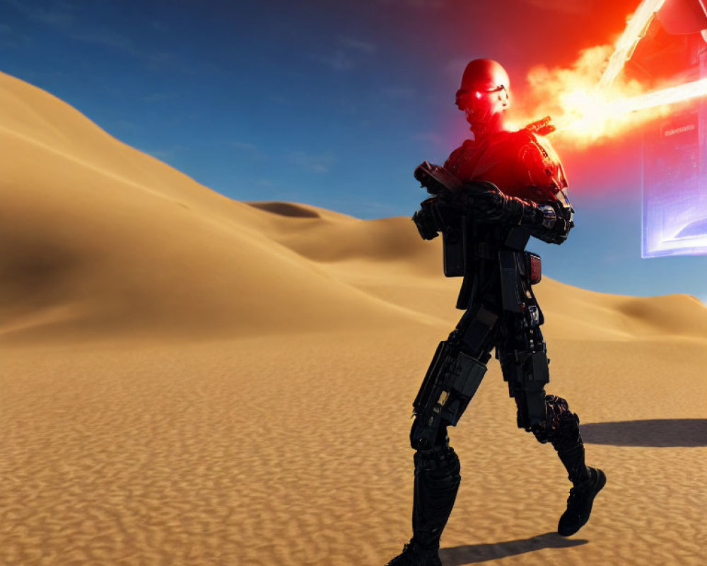 Futuristic soldier in advanced armor with glowing red helmet visor in desert landscape