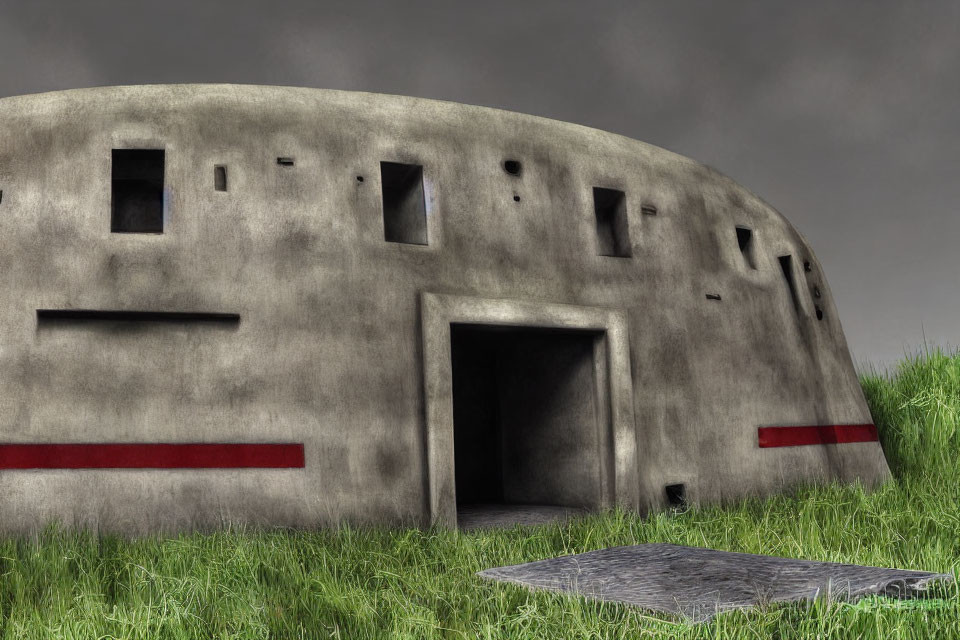 Curved concrete bunker with dark entrance under cloudy sky