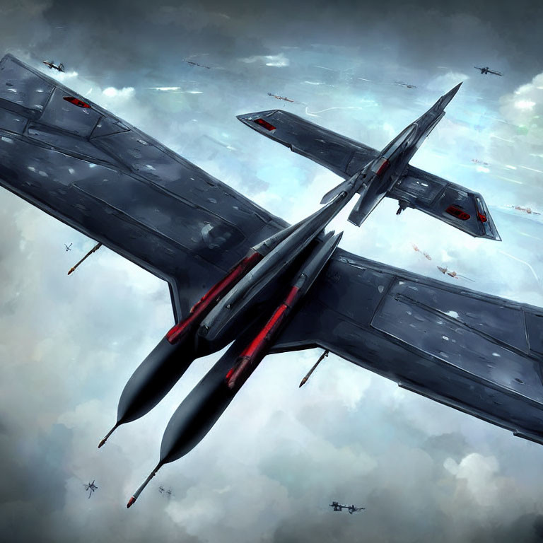 Futuristic fighter jet with red detailing soaring above clouds