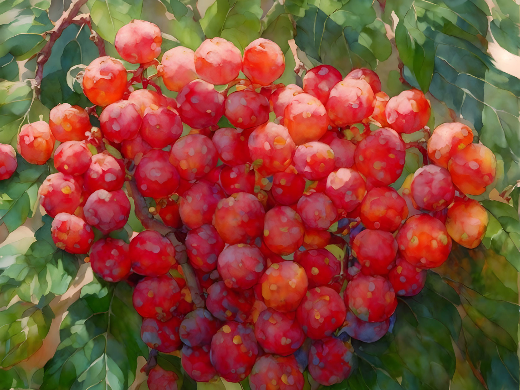 Ripe Red Lychee Fruits Among Green Leaves