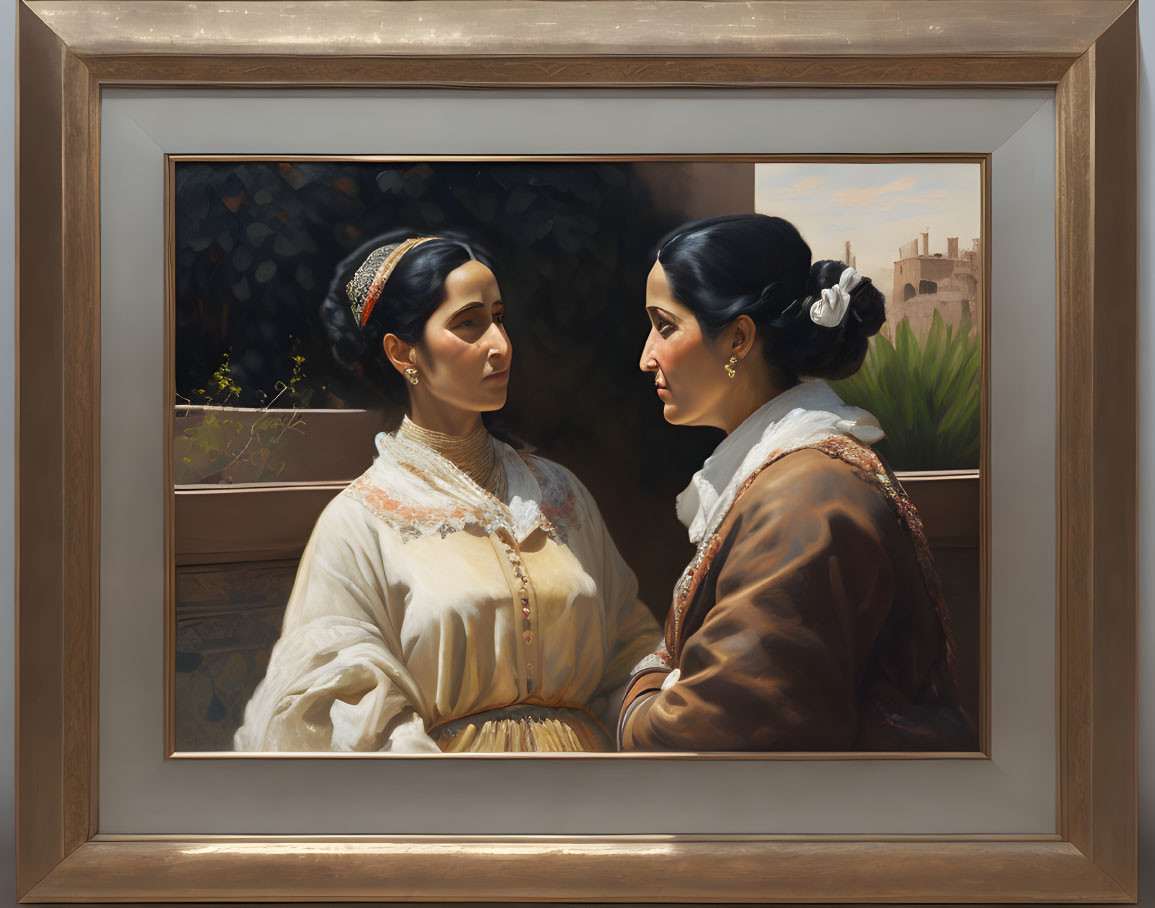 Two women in traditional dresses standing close with serene balcony backdrop.