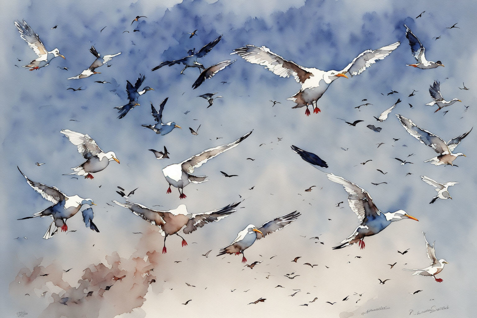 Seagulls in Flight Watercolor Painting on Blue Background