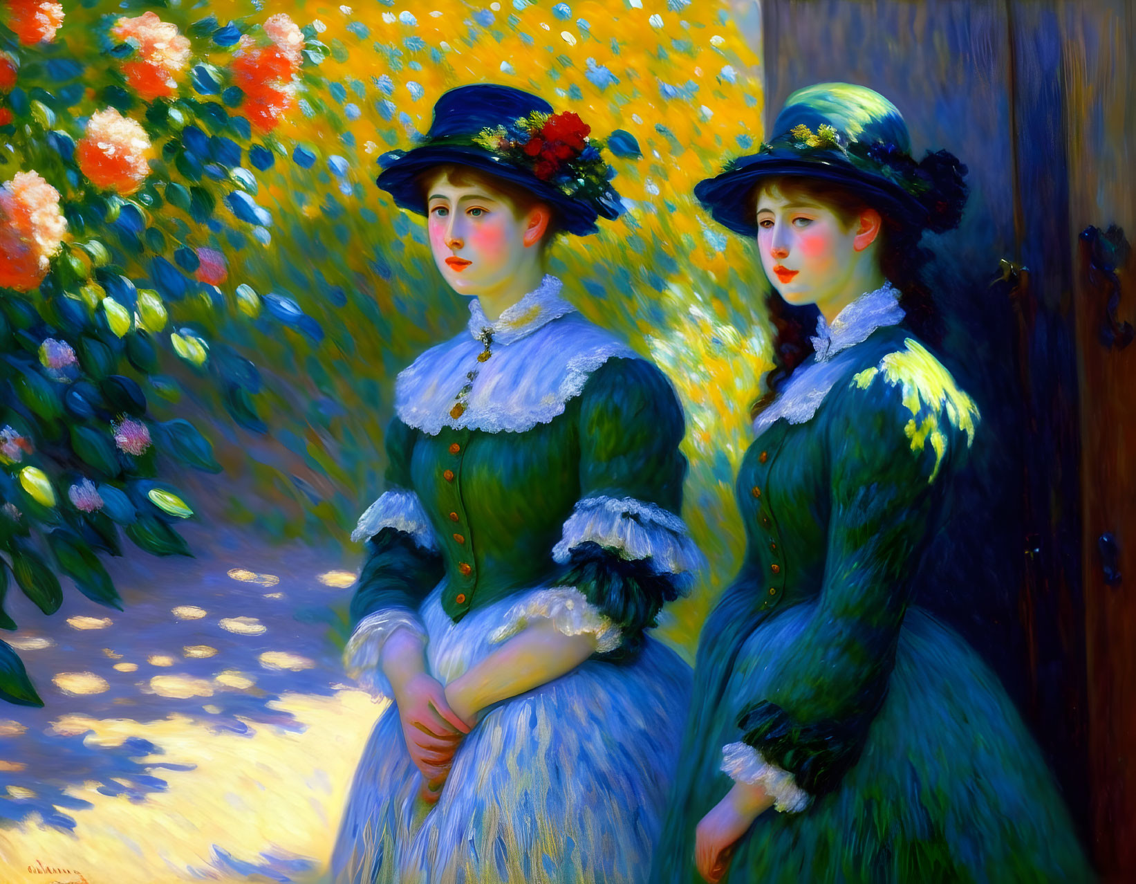 Two Women in Green Victorian Dresses and Hats in Sunlit Garden