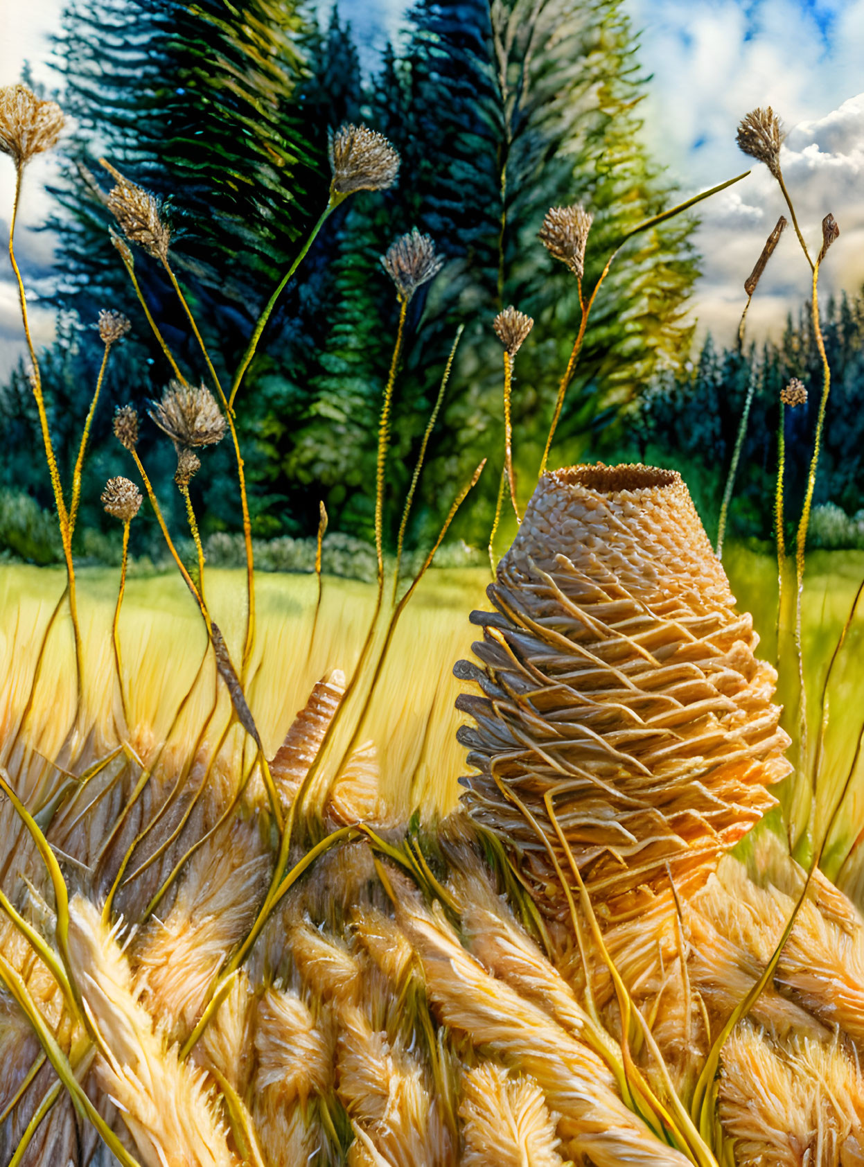 Straw beehive in wheat field with pines under dramatic sky