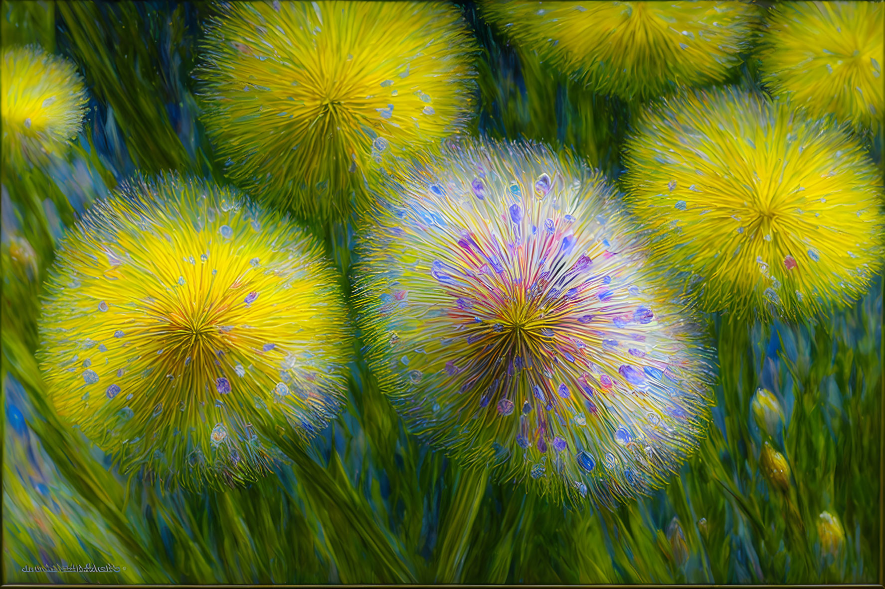 Detailed Close-up: Vibrant Dandelion Seed Heads with Water Droplets