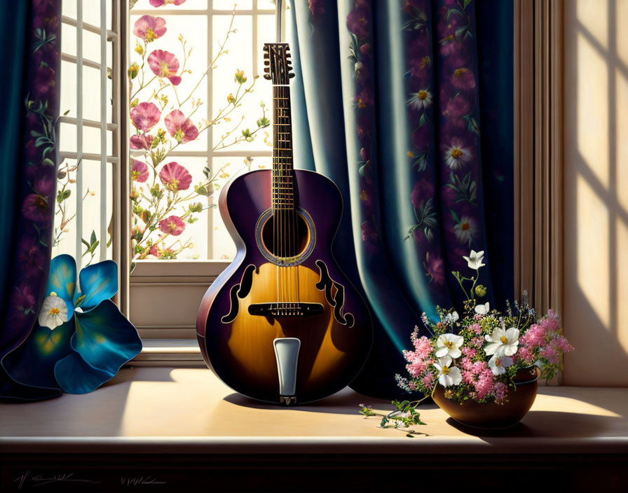 Cozy scene: Acoustic guitar by sunny window with floral curtains