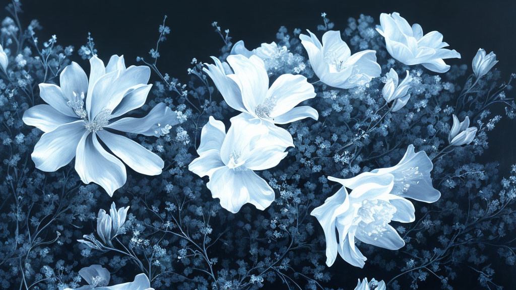 Monochromatic blooming flowers with delicate petals on a dark background