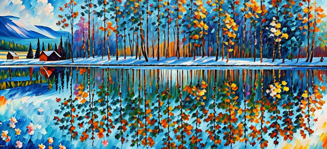 Colorful Autumn Landscape: Reflective Lake, Cabin, Mountains