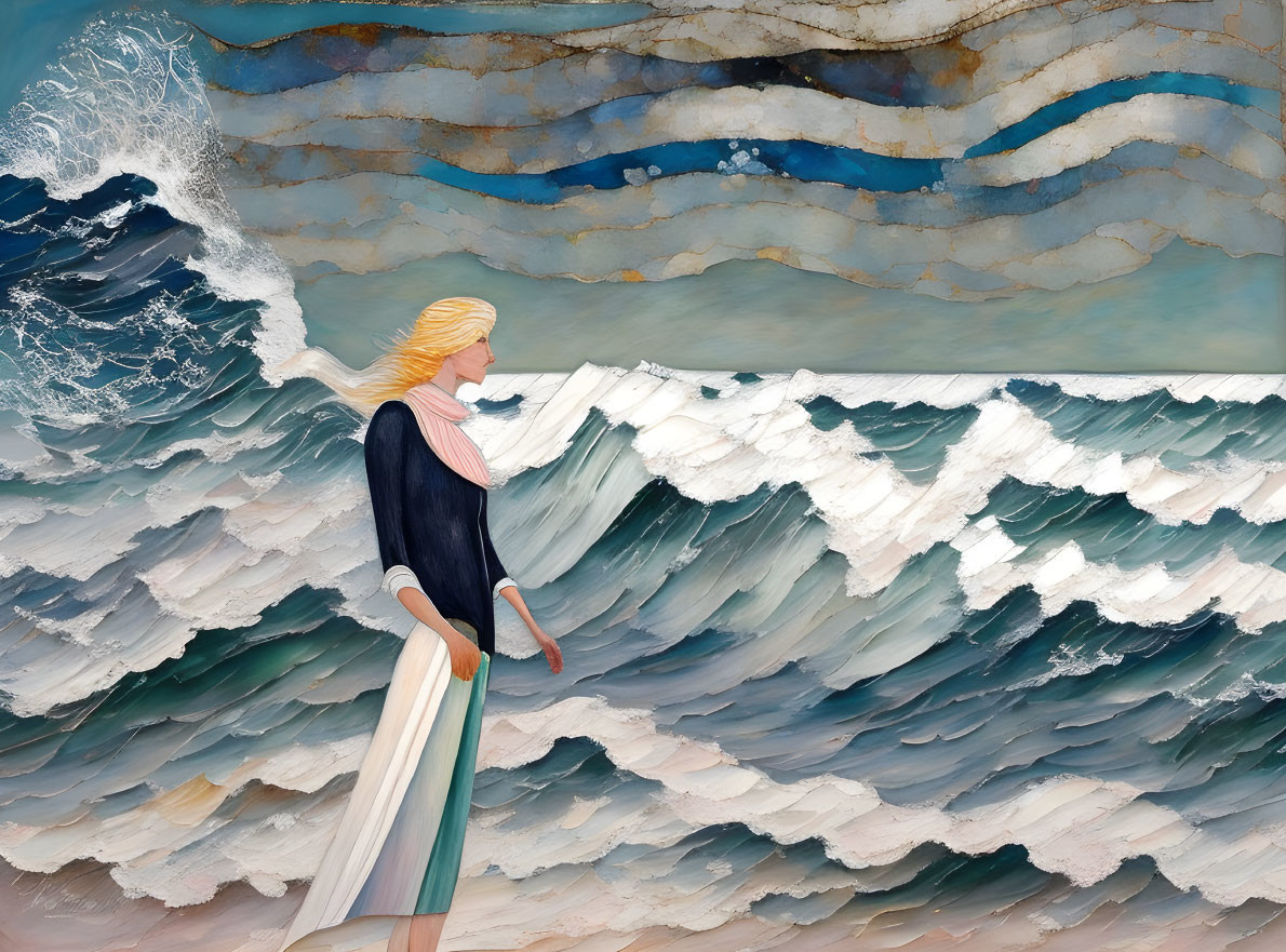 Blond woman gazing at sea with stylized waves