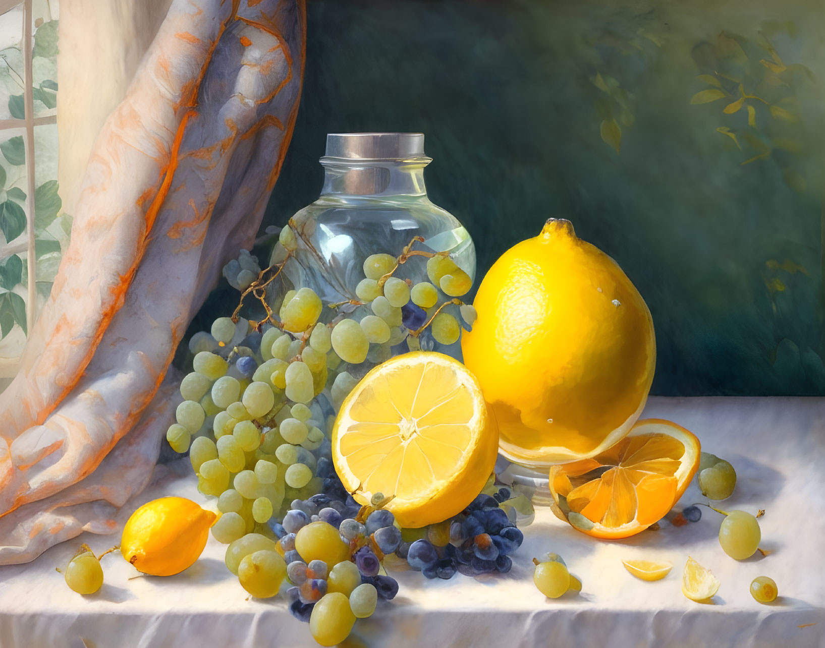 Vibrant still life painting with glass jar, green grapes, yellow lemons, fabric backdrop