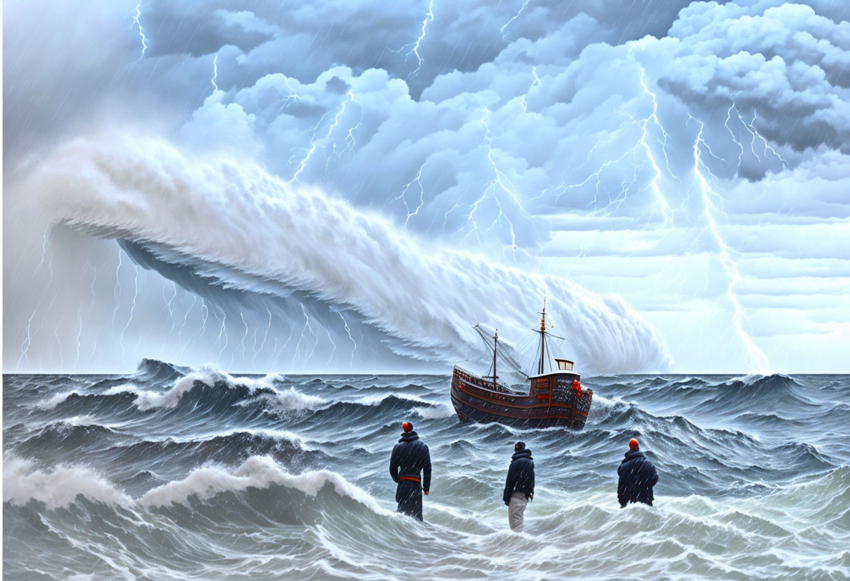 Three people in storm gear watching ship in rough seas with lightning