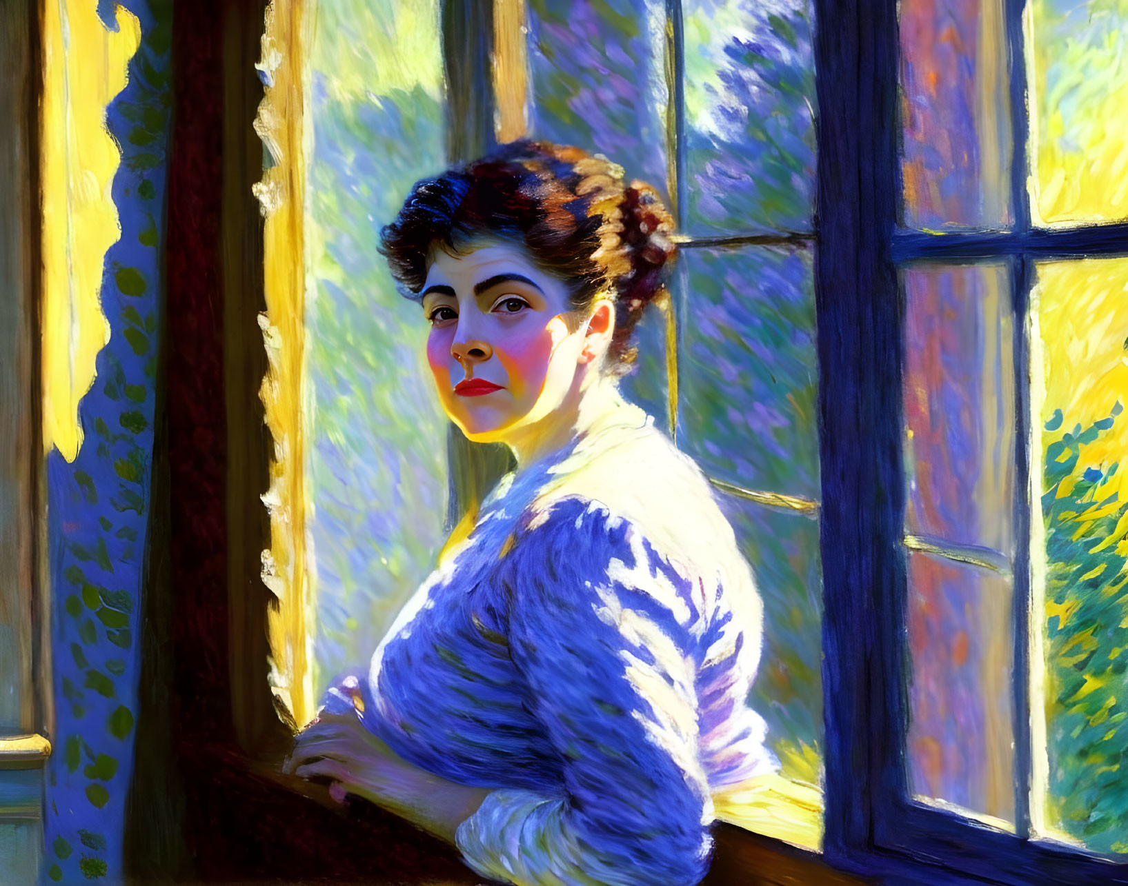 Woman with updo hairstyle in vibrant sunlight by stained glass window