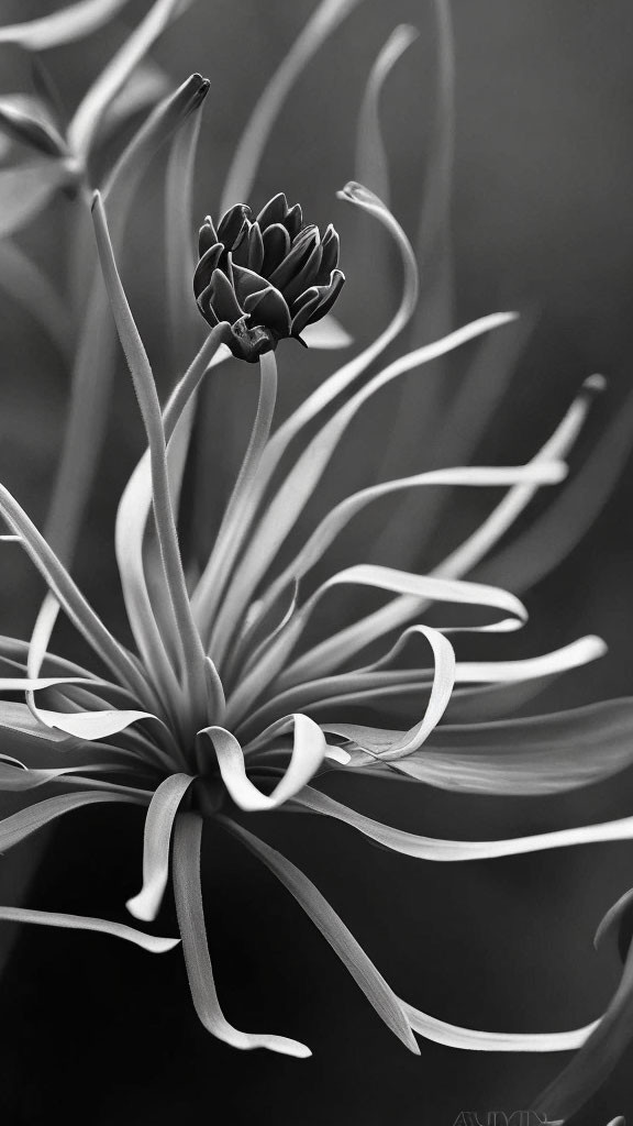 Monochrome photograph of elegant flower petals and spiraling bud