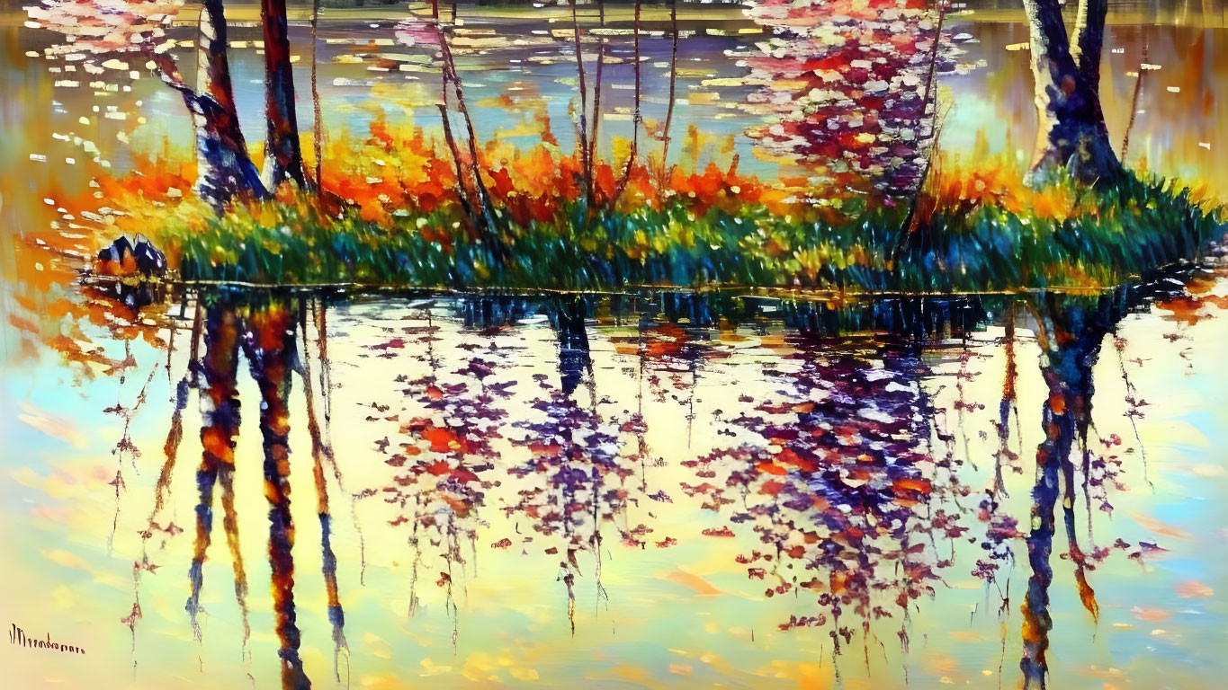 Colorful Forest Scene with Water Reflections in Warm and Cool Tones