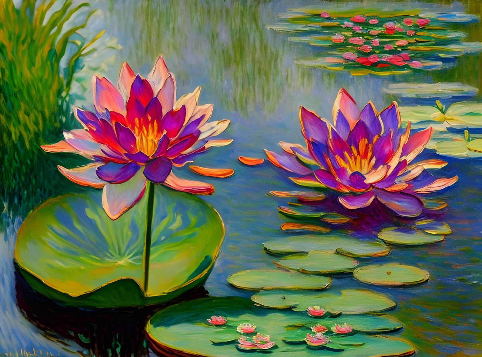 Colorful Water Lilies and Lily Pads Painting on Tranquil Pond