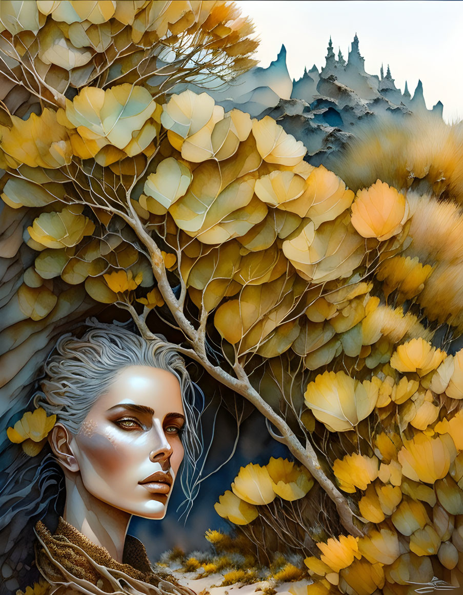 Woman's face in autumn leaves with castle silhouette - fantasy illustration